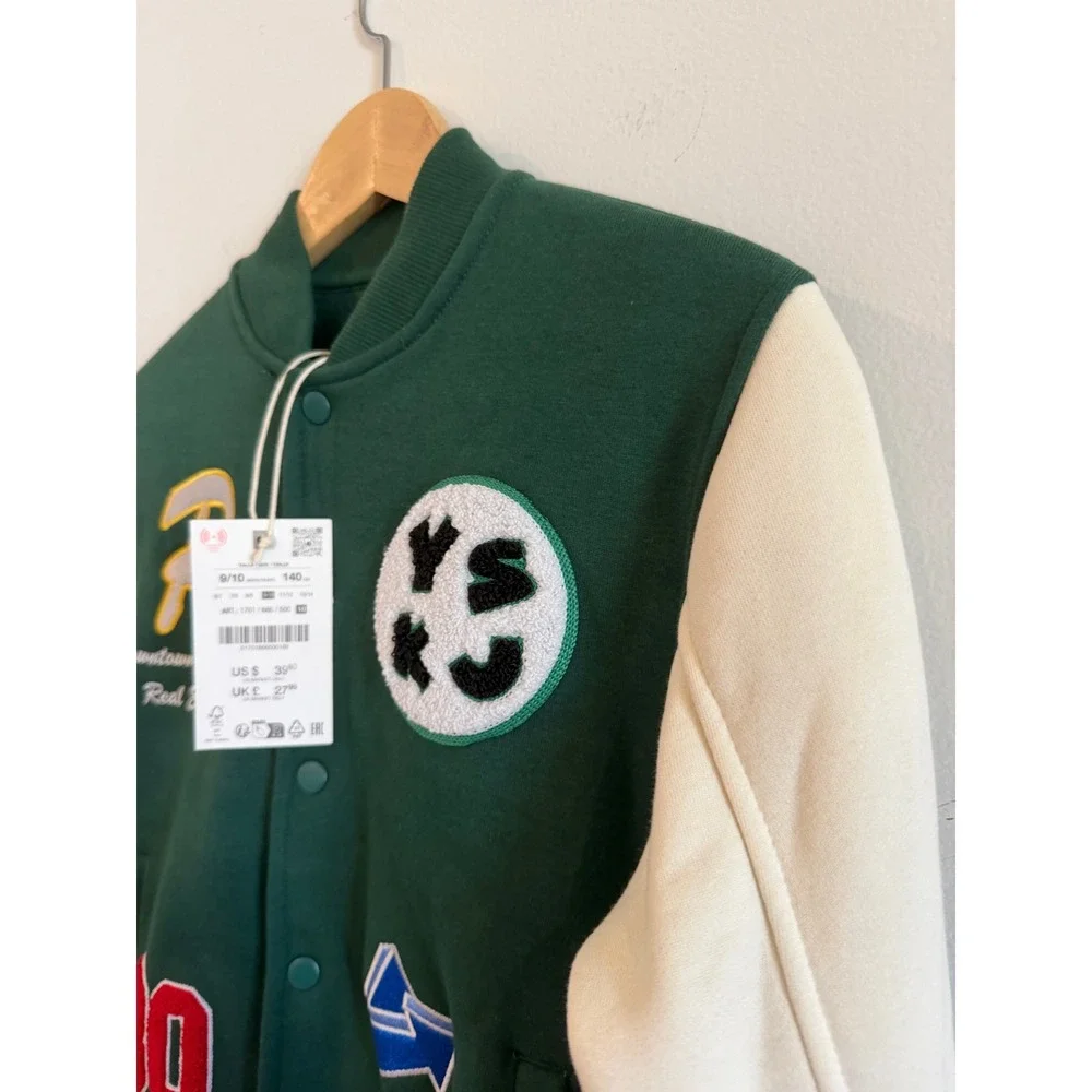 Zara Kids Green Varsity Bomber Jacket Patches 9-10 Years 140cm NWT